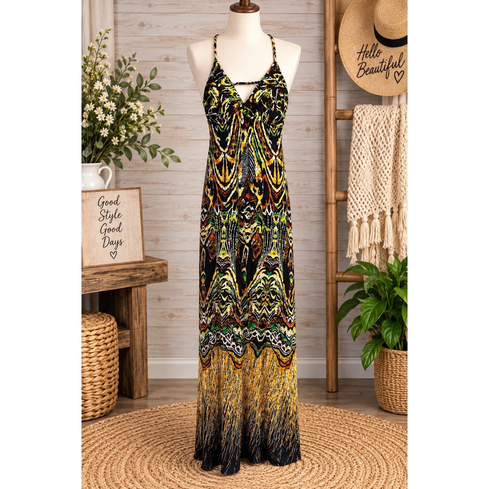 BCBGMAXAZRIA Women Multi Color Tribal Ikat Print Open‎ Back Maxi Dress Boho